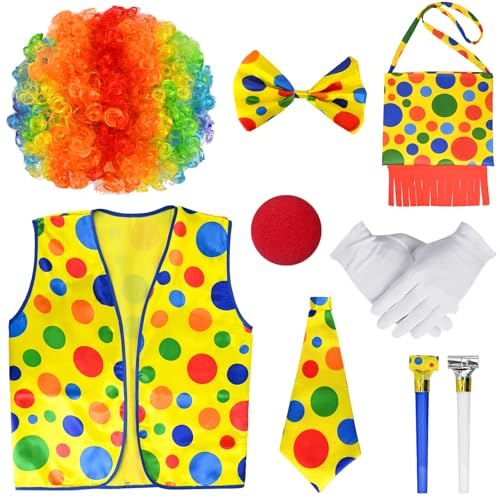 FORMIZON 9 Stück Clown Kostüm Set, Karneval Kostüm Clown, Karneval Kostüm Erwachsene, Clown Kostüm Accessoire, Clown Lockenperücke Nase Handschuhe Bunte Krawatte Rucksäcke, Karneval Fasching Cosplay von FORMIZON