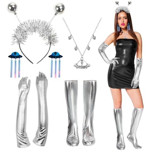 FORMIZON Alien Kostüm Set, Glitzer Alien Rave Outfit mit Abendhandschuhe, UFO Ohrringe, Halsketten, Karneval Fasching Zubehör Damen Alien Cosplay, Kostümzubehör für Damen Verkleidung Erwachsene von FORMIZON