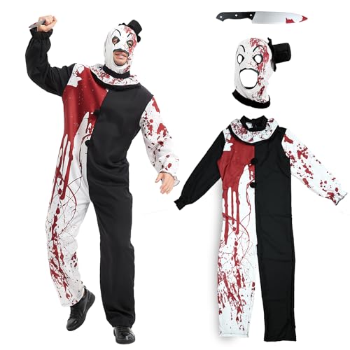 FORMIZON Art Clown Kostüm, Halloween Kostüm Herren Horror Clown, Schwarz Weiß Clown Jumpsuit, Kostüm Killer Set Erwachsene mit Hut Dolch, Terrifier Clown Cosplay Halloween Karneval Party (L) von FORMIZON