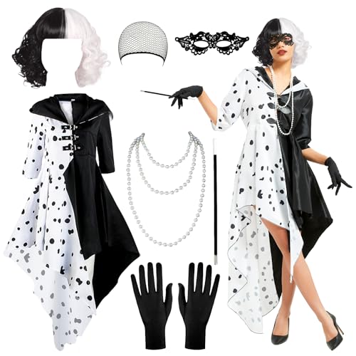 FORMIZON Cruella Devil Kostüm Damen, Kapuzenmantel Strickjacke mit Perücke Halskette Augenmaske, Schwarzer und Weißer Dalmatiner Fleck Kleid Böse Madame Kleid für Karneval Halloween Party (M) von FORMIZON