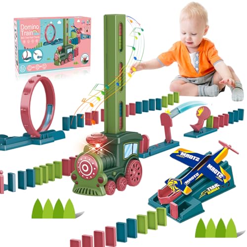 FORMIZON Domino Zug Spielzeug, Kinder Elektrischer Zug mit 120 Stück Domino Blöcken und Spiel Zubehör, Automatischer Dominosteine Zug Spiel, Domino Baustein Zug Lernspielzeug für Jungen Mädchen (Züge) von FORMIZON