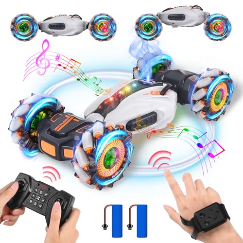 FORMIZON Ferngesteuertes Auto, Gestenoperation RC Auto, 2,4 GHz 4WD RC Stunt Car, Doppelseitige Rotierende Off-Road Drift Twist Car 360° Flips mit Licht, Sprühen und Musik, Geschenke Für ab 6 7 (Grau) von FORMIZON