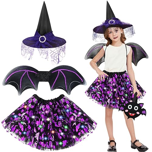 FORMIZON Fledermaus Kostüm Mädchen, LED Fledermaus Kostüm Set mit Tutu Rock, Hexen Hut, Flügel, Süßigkeitstasche, Fledermaus Rock mit Lichter, Kinder Hexenkostüm für Halloween Karneval Cosplay Party von FORMIZON