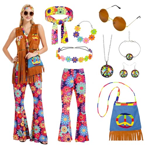 FORMIZON Frauen Hippie Kostüm Set, 60er 70er Hippie Frauenkleidung Damen Vintage Randweste Schlaghose mit Stoffbeutel, Retro -Sonnenbrille, Halskette, Ohrringe fur Carnival Mottoparty (M) von FORMIZON