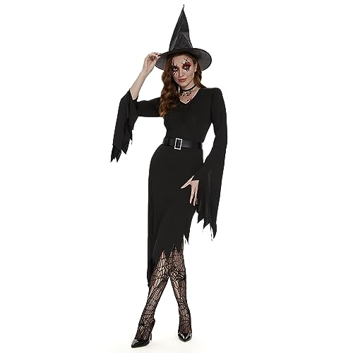 FORMIZON Halloween Damen Hexen Kostüm mit Hexenhut, Schwarze Kleid , Böse Königin Abendkleid, für Fasching Karneval Cosplay Geisterbraut Vampir Zombie Verkleidung (M) von FORMIZON