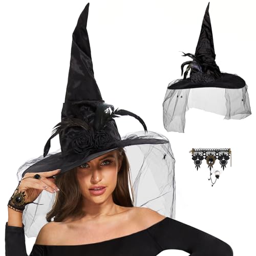 FORMIZON Hexenhut und Gotisch Armbänder, Schwarz Hexenhut mit Spinne für Damen, Retro Spitze Vampir Armband, Ideale Accessoire für Halloween, Karneval, Cosplay und Maskerade von FORMIZON