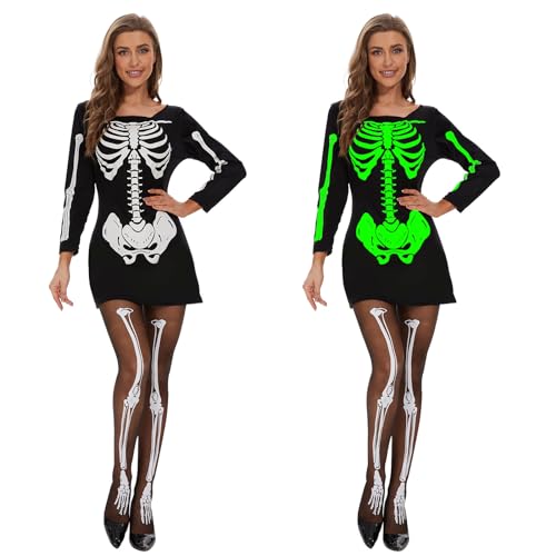 FORMIZON Halloween Kostüm Damen, Halloween Skelett Kostüm Erwachsene, Skelett Kleid Langarm mit Skelett Strümpfe, Schwarzes Gruselig Skelett Tshirt Kleider für Halloween Karneval Cosplay von FORMIZON