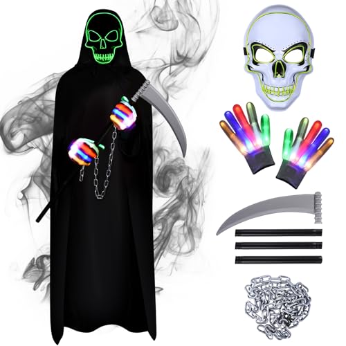 FORMIZON Halloween Leuchtenden Kostüm, Sensemann Umhang Set mit Sense, Glow Skelett Maske, Glow Handschuhe und Kette, Schwarz mit Kapuze, Robe für Karneval Cosplay von FORMIZON