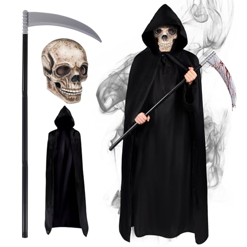 FORMIZON Sensenmann Kostüm Erwachsene, Sensemann Umhang Set, Halloween Sensenmann Anzug mit Glow 3D Schädel Kopfmaske und Sense, Grim Reaper Costume mit Kapuze für Cosplay Halloween Dekoration von FORMIZON