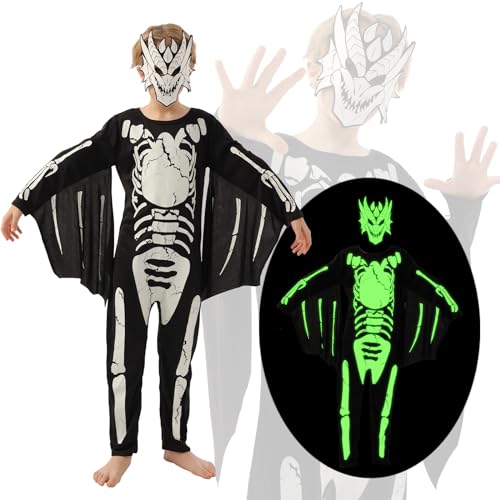 FORMIZON Halloween Skelett Kostüm Kinder, Halloween Kostüm Kinder Leuchtend, Skeleton Dino Kostüm Kinder, Halloween Skelett Overall für Junge Cosplay Dress Up Party von FORMIZON