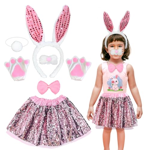 FORMIZON Hase Kostüm Kinder, 7 Stück Hasenkostüm Set mit Hasenohren Schleife Nase, Mädchen Häschenkostüm mit Rosa Pailletten Tutu und Handschuhe, Tierkostüm Kinder für Ostern Fasching Karneval von FORMIZON