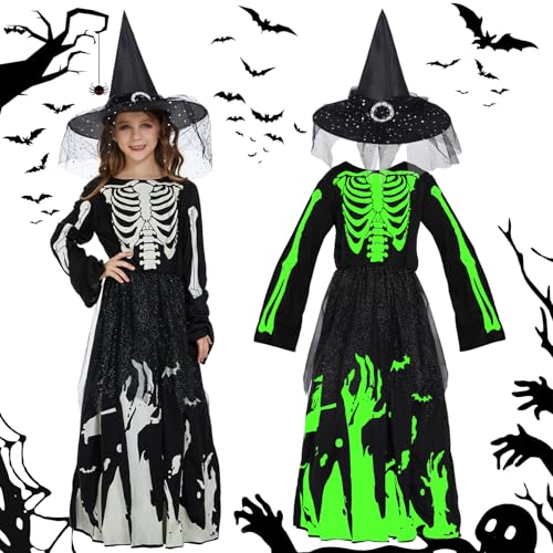 FORMIZON Hexenkostüm Mädchen, Prinzessin Skelett Kostüm Kinder Mädchen, Halloween Kostüm Kinder Mädchen Glow in the Dark mit Hexenhut, Vampir Kostüm Kinder Hexenkostüm für Karnevals Cosplay (S) von FORMIZON