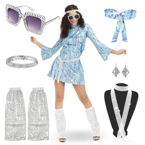 FORMIZON Hippie Kostüm Damen, 60er 70er Jahre Bekleidung Mode Pailletten Disco Hippie Kleidung Damen Kostüm mit Hippie Brille Haarband Halskette Ohrringe,Faschingskostüme für Karneval (Blau, L) von FORMIZON