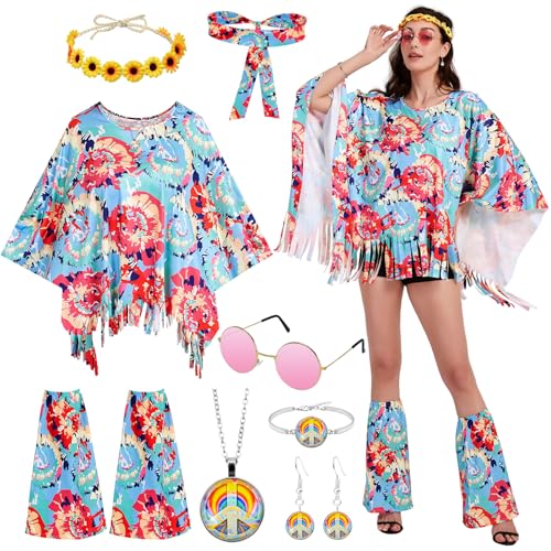 FORMIZON Hippie Kostüm Damen Set, 7 Stück Disco Outfit 60er 70er 80er 90er Jahre Hippie Kleidung mit Hippie Poncho Zubehör, Damen Mädchen Boho Flower Hippie Kostüm für Karneval Disco Party Cosplay von FORMIZON