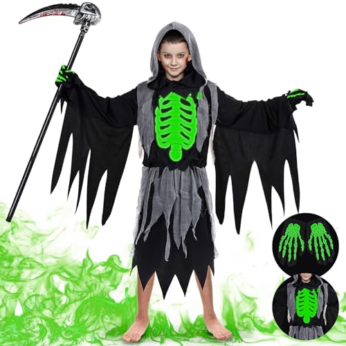 FORMIZON Sensenmann Kostüm Kinder, Kinderkostüm Teuflisches Skelett, Gruselige Halloween Kostüm Set mit Gruseligen Schädelmaske und Handschuhen für Halloween Party Cosplay (Black, L) von FORMIZON