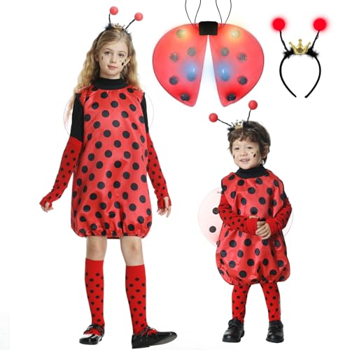 FORMIZON Marienkäfer Kostüm Kinder, Ladybug Kostüm Kinder, Marienkäferkostüm mit Glühende Flügel und Haarbänder, Faschingskostüme kinder Marienkäfer für Jungen Mädchen Karneval Cosplay (110cm) von FORMIZON