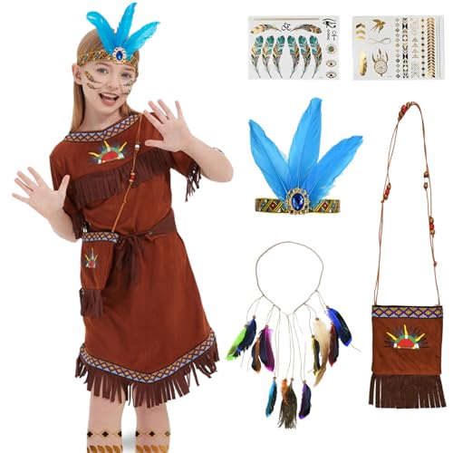 FORMIZON Indianer Kleid Mädchen, Indianer Verkleidung, Karneval Kostüm Kinder Indianer, Indianerkleid Set mit Sonne Taschen Haarbänder, Indianer Kostüm für Fasching Karneval Mottopartys Cosplay (XL) von FORMIZON