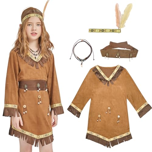 FORMIZON Indianer Kleid Mädchen, Indianer Verkleidung, Karneval Kostüm Kinder Indianer, Indianerkleid Set mit Stirnband und Halskette, Indianer Kostüm für Fasching Karneval Mottopartys (Kinder-L) von FORMIZON