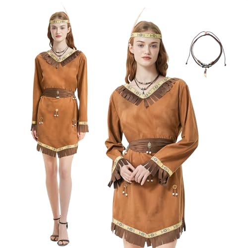 FORMIZON Indianer Kleider Damen, Indianerkleid Frauen, Karneval Kostüm Damen Indianerin, Indianer Kleid Set mit Stirnband und Halskette, Indianer Karneval Verkleidung Fasching Mottoparty (Damen-L) von FORMIZON