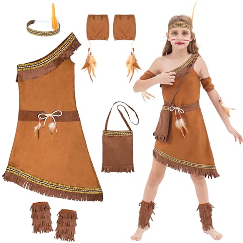 FORMIZON Indianer Kostüm Kinder Mädchen, Indianer Kleid mit Kopfschmuck Feder Stirnband, Handtasche, Beinstulpen und Armbinde, Indisches Schulterkleid in Schlabberform Mädchen für Karneval (L) von FORMIZON