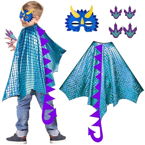 FORMIZON Kinder Dinosaurier Umhang, Blauer Drachen Dino Kostüm mit Maske, Glitzernder Dinosaurier Cape Fasching Halloween Karneval Cosplay für Jungen Mädchen Höhe 110-140cm von FORMIZON