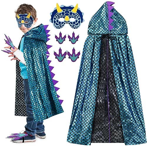 FORMIZON Kinder Dinosaurier Umhang, Halloween Karneval Glitzernder Cosplay Köstum Cape mit Mask, Blauer - mit Hut, Jungen Mädchen Fasching Kinderkostüm für Höhe 110-140cm von FORMIZON