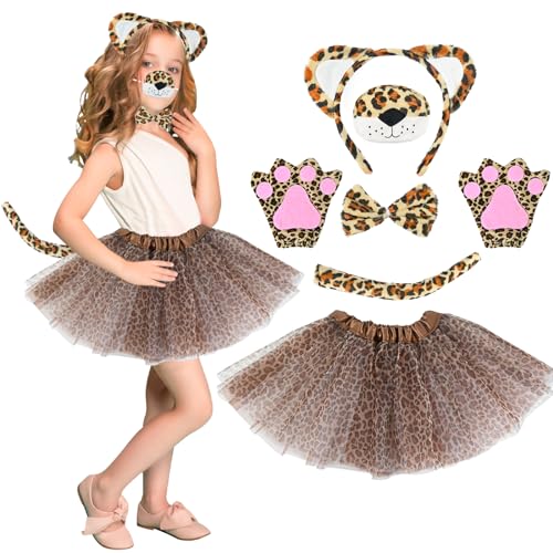 FORMIZON Leoparden Kostüm Kinder Mädchen, Leoparden Kostüm Set für Karneval Fasching, Tierkostüm Kinder Tutu Rock mit Brauner Tüllrock, Leopard Haarreif Fliege Schwanz Nase Pfoten Handschuhe (A) von FORMIZON