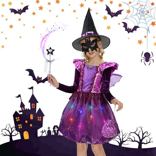 FORMIZON Mädchen Hexen Kostüm, LED Hexenkleid Kinder, Schwarze Lila Hexen Kostüm, Mädchen Halloween Fasching Karneval Party Hexenkleid mit Flügel, Hut, Tasche, Zauberstab und Augenmaske (140) von FORMIZON