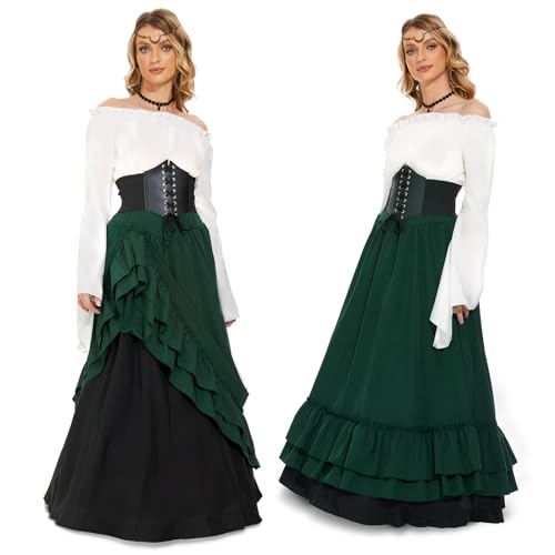 FORMIZON Mittelalter Kostüm für Damen, Renaissance Viktorianisches Kleid, Mittelalter Accessoires mit Ausgestellten Ärmeln und Hoher Taille, Gothic Retro Kleid Halloween (grünlich und schwarz, XXL) von FORMIZON