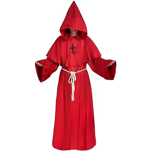 FORMIZON Mönch Robe Kostüm, Gewand Mönchskutte, Priester Kostüm Herren, Mittelalter Renaissance Hooded Mönch Kostüm mit Kreuz, Gürtel, Narbenaufkleber Kostüm Herren für Halloween Cosplay(XXL, Rot) von FORMIZON