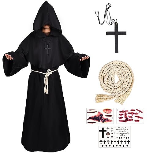 FORMIZON Mönch Robe Kostüm, Gewand Mönchskutte, Priester Kostüm Herren, Mittelalter Renaissance Hooded Mönch Kostüm mit Kreuz, Gürtel, Narbenaufkleber Kostüm Herren für Halloween Cosplay(M, Schwarz) von FORMIZON