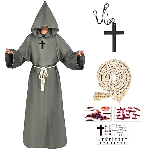 FORMIZON Mönch Robe Kostüm, Gewand Mönchskutte, Priester Kostüm Herren, Mittelalter Renaissance Hooded Mönch Kostüm mit Kreuz, Gürtel, Narbenaufkleber Kostüm Herren für Halloween Cosplay(S, Grau) von FORMIZON