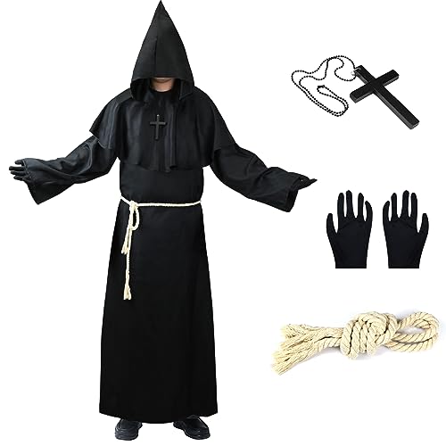 FORMIZON Mönch Robe Kostüm, Hallowee Mittelalter Mönchskostüm, Herren Hooded Mönch Kostüm mit Kreuz-Halskette, Handschuhe, Gürtel, Kapuzenmönch Mönch Priester Kostüm für Halloween Cosplay (S) von FORMIZON