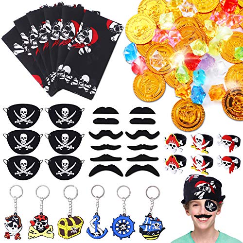 FORMIZON Piraten Zubehör Set, 86 Stück Kinder Piratenkapitän Augenklappe Piraten Bandana Schnurrbart Piraten Ringe Schlüsselanhänger Pirat Münzen, Edelsteine für Karneval, Halloween und Partys von FORMIZON