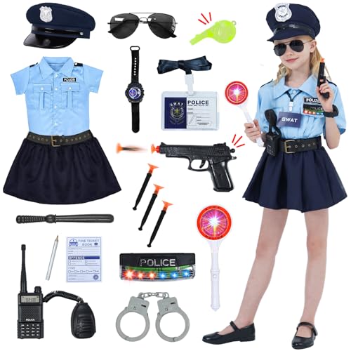 FORMIZON Polizistin Kostüm Mädchen, Polizei Karneval Set, Kinder Polizei Uniform Mädchen, Cop Kinderkostüm Mit Polizeihut, Warnlichter, Polizei Spielzeug für Kinder Karneval Fasching Cosplay (L) von FORMIZON