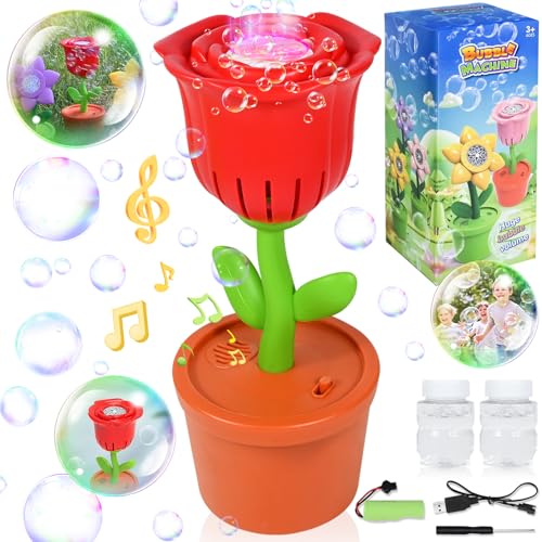 FORMIZON Seifenblasenmaschine, Sonnenblume Automatische Seifenblasenmaschine, mit LED Licht Musik Seifenblasenflüssigkeit 40ml*2, Kinder Spielzeug für Hochzeit Geburtstag Draußen Party Dekor (Rot) von FORMIZON