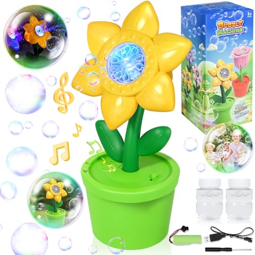 FORMIZON Seifenblasenmaschine, Sonnenblume Automatische Seifenblasenmaschine, mit LED Licht Musik Seifenblasenflüssigkeit 40ml*2, Kinder Spielzeug für Hochzeit Geburtstag Draußen Party Dekor (Gelb) von FORMIZON