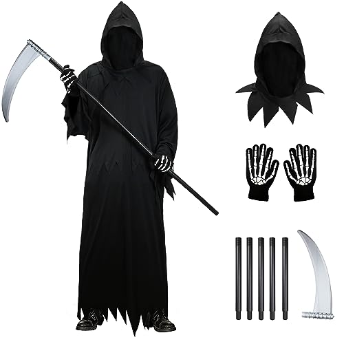 FORMIZON Sensenmann Kostüm, Gewand mit Kapuze, Handschuhe, Sense, Reaper Robe Schwarz Umhang, Herren Set, Erwachsene Tod für Halloween Karneval Party von FORMIZON