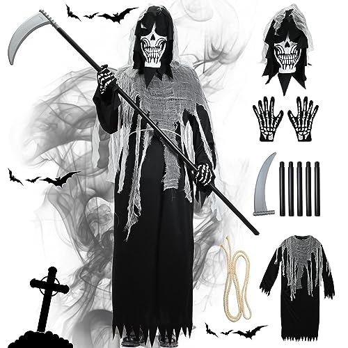 FORMIZON Sensenmann Kostüm, Grim Reaper Costume Erwachsen, Halloween Kostüm Sensenmann Robe, Tod Kostüm Herren mit Schädel Hüte, Sense, Handschuhe, Gürtel, Halloween Karneval Fasching Cosplay Party von FORMIZON