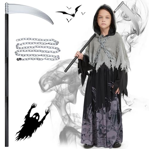 FORMIZON Sensenmann Kostüm Kinder, Grim Reaper Kinderkostüm, Halloween Kostüm Sensenmann Robe, Tod Kostüme mit Sichel und Kette, Skelett Sensenmann Verkleidung für Halloween Karneval Cosplay (XL) von FORMIZON