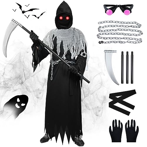 FORMIZON Sensenmann Kostüm Kinder, Kinderkostüm Sensenmann mit Glühende Augen, Sensenmann Verkleidung Tod Kostüm Set mit Taillenkette und Spielzeugsense, Grim Reaper Kostüm für Halloween Cosplay von FORMIZON