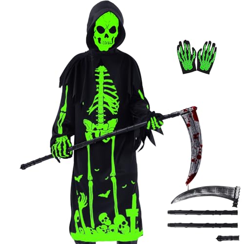 FORMIZON Sensenmann Kostüm Kinder, Kinderkostüm Teuflisches Skelett, Gruselige Halloween Kostüm Set mit Gruseligen Schädelmaske und Handschuhen für Halloween Party Cosplay (Skelett, S) von FORMIZON