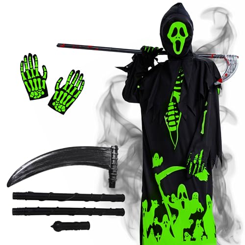 FORMIZON Sensenmann Kostüm Kinder, Kinderkostüm Teuflisches Skelett, Gruselige Halloween Kostüm Set mit Gruseligen Schädelmaske und Handschuhen für Halloween Party Cosplay (Geister, M) von FORMIZON