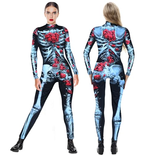 FORMIZON Skelett Jumpsuit Damen, Damen Skelett Overall, Skelett Kostüm Damen, Damen Halloween Jumpsuit, Bunt Skelett Bodysuits, 3D Print Jumpsuit Halloween Karneval Kostüm für Erwachsene (Rose, M) von FORMIZON