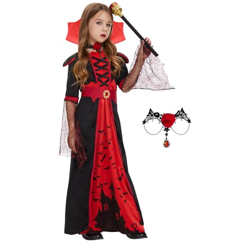 FORMIZON Vampir Kleid Mädchen, Halloween Kostüm Kinder Vampir, Gothic Schwarz Rot Prinzessin Vampire Kostüm, Vampirkostüm mit Gürtel und Choker, kinderkostüm Cosplay für Halloween Karneval Party (S) von FORMIZON