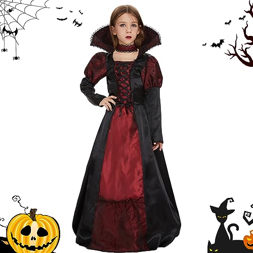 FORMIZON Vampir Kostüm Mädchen, Vampirin Kleid mit Nackenband, Schwarz Rot Vampir Halloweenkostüm für Kleine Größe 4-9 Jahre, Kinder Gothic Vampirkostüm Verkleidung Fasching Karneval Cosplay (L) von FORMIZON