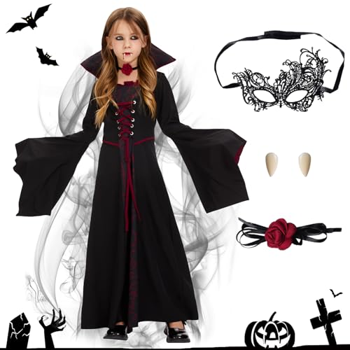 FORMIZON Vampirkostüm für Mädchen, Vampir Halloween Kostüme, Gothic Vampir Prinzessin Kostüm, Dunkelrot Vampir Kostüm Kinder, Vampir-Königin Kostüm mit Fasching Karneval Cosplay (160) von FORMIZON