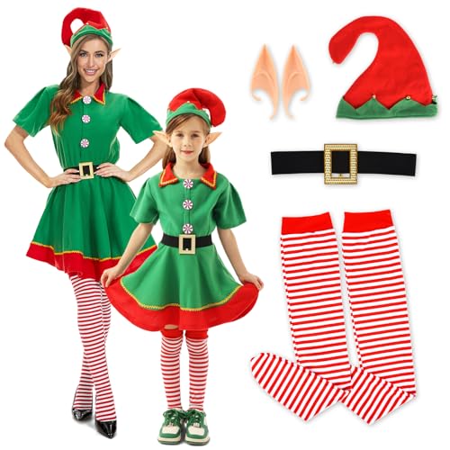 FORMIZON Weihnachtself Kostüm Set, Weihnachtskostüm Kinder Mädchen, Elfen Kostüm mit Hat, Elfenohren, Weihnachts Outfits Elfen Kostüm für Karneval Weihnachten Cosplay Party (120) von FORMIZON