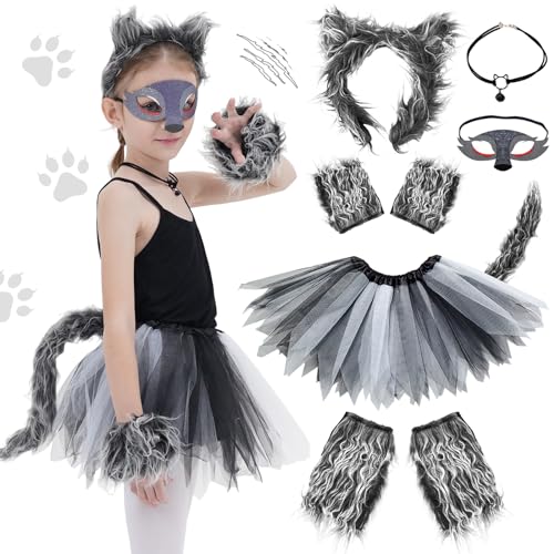 FORMIZON Werwolf Kostüm Mädchen, Karneval Kostüm Mädchen, Wolfkostüm Tutu Röcke, Wolf Kostüm Set mit Schwanz und Maske, Karneval Kostüm Kinder Kawaii Tiere, für Fasching Karneval Cosplay Themenparty von FORMIZON