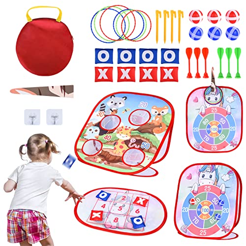 FORMIZON Wurfspiel Kinder, 5 in 1 Dartscheibe Wurfspiel Gartenspiele, Dinosaurier Dartspiel mit Dart, Sitzsack, Ball, Ring Toss, Bean Bag Toss Game Set, Karneval Spiele Drinnen Draußen Partyspiele von FORMIZON